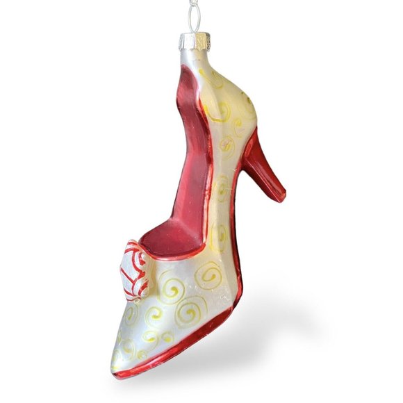 Blown Glass Stilleto High Heeled Shoe Ornament, Hand Painted Red Silver & Gold - Picture 6 of 9
